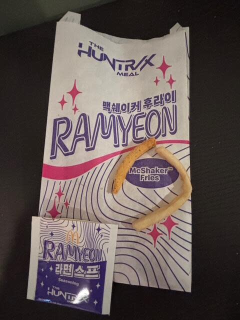 The top fry is one I shook up with the Ramyeon seasoning, while the other one is just a regular McDonald's fry. I was surprised by how much I liked the seasoning!