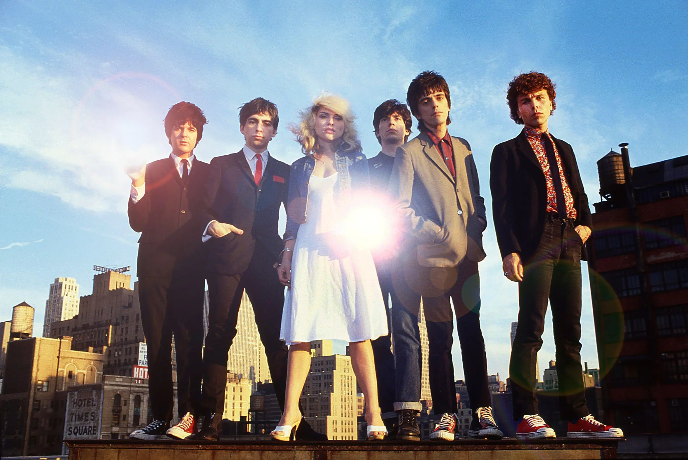 Members of the New York punk band Blondie posing on the roof of The Record Plant.
