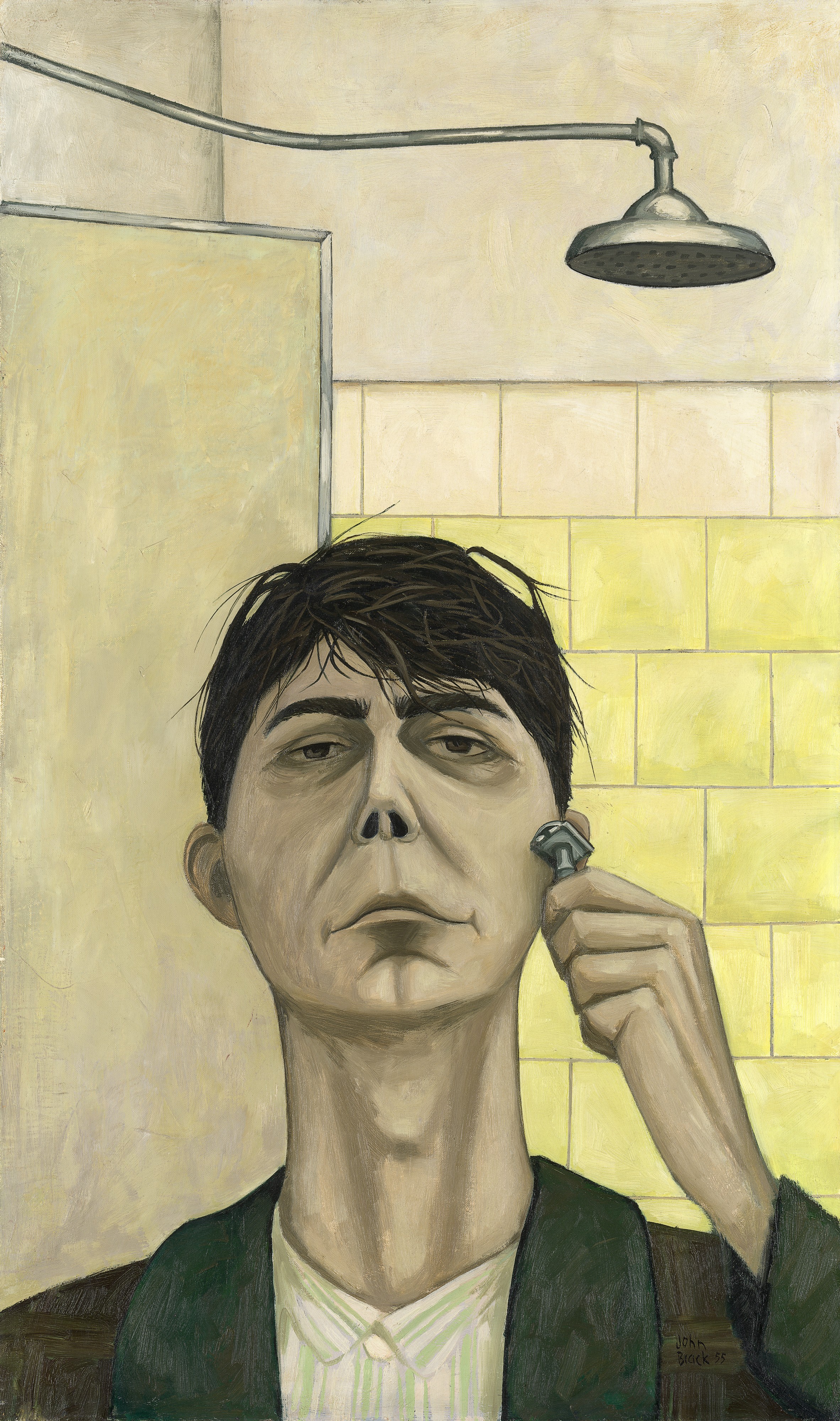 A painting of a man shaving his face.