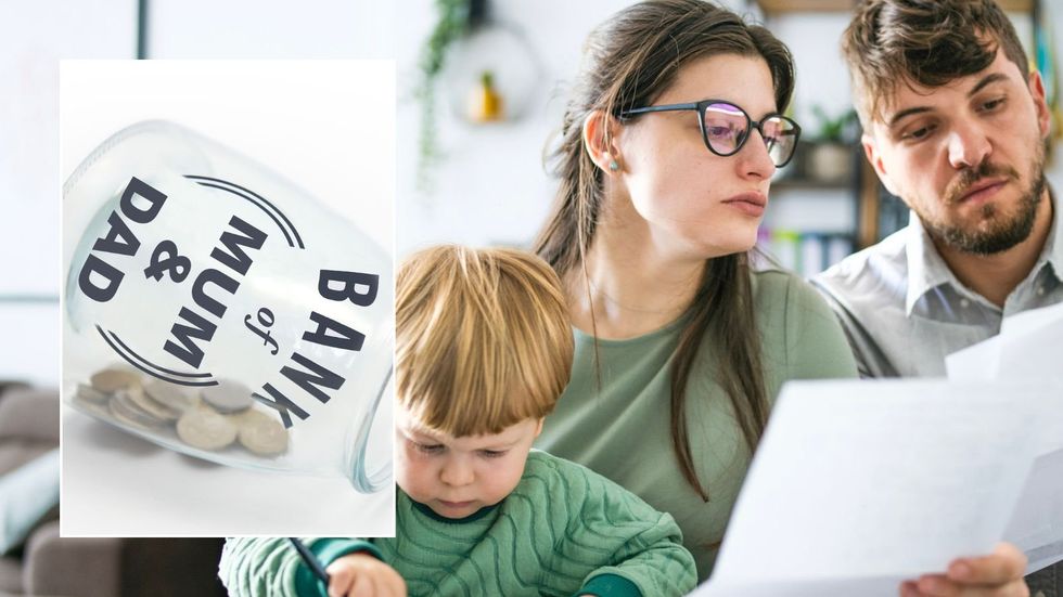 Family going over finances and money jar which has 'Bank of Mum and Dad' written on it