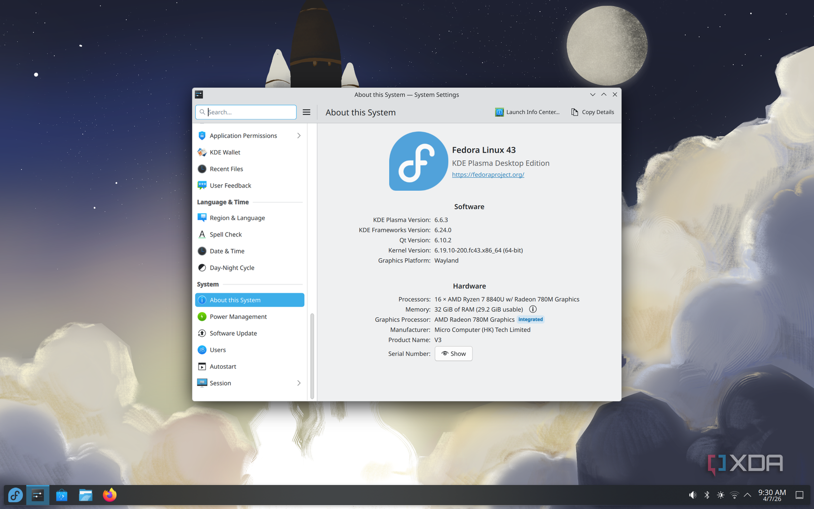 Screenshot of System Settings on Fedora KDE showing the current kernel version as 6.19.10