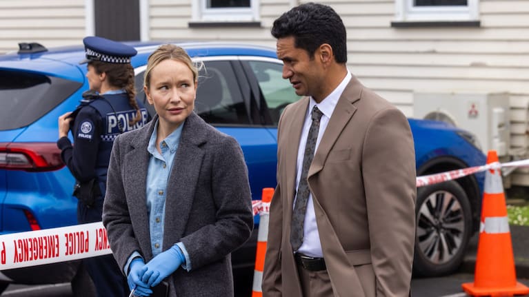 Fern Sutherland as Kristin Sims and Jarod Rawiri as Daniel Chalmers in a still from The Brokenwood Mysteries.