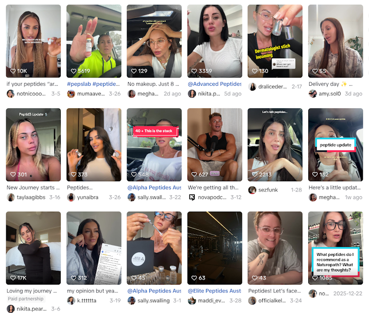 Grid of TikTok video thumbnails promoting peptides for anti-ageing.