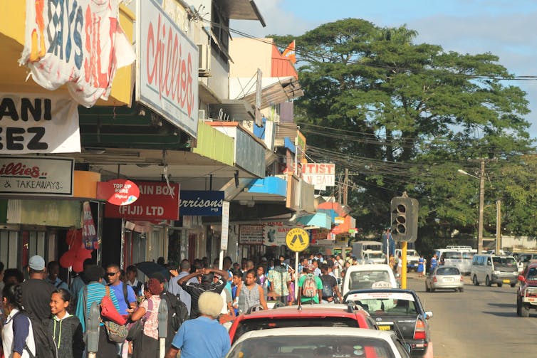 a street with people