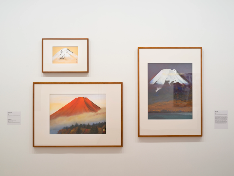 Three paintings of Mt Fuji