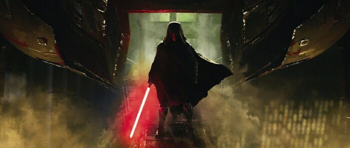Silhouetted figure of Maul wielding a red lightsaber in a dark, smoky environment from Star Wars Maul Shadow Lord release. Silhouetted figure of Maul wielding a red lightsaber in a dark, smoky environment from Star Wars Maul Shadow Lord release.