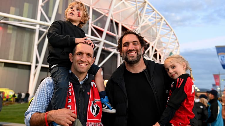 Former Crusaders Adam Whitelock, left, and brother Sam arrive at the new Christchurch stadium for the inaugural Crusaders match.