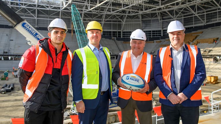 From left: Noah Hotham, Super Rugby Pacific chief executive Jack Mesley, Christchurch Mayor Phil Mauger, and Crusaders chief executive Colin Mansbridge.
