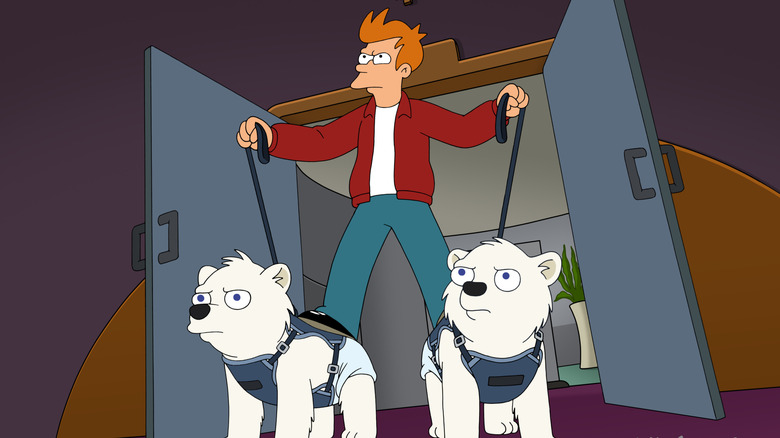 Fry (Billy West) leashes some dogs in Futurama