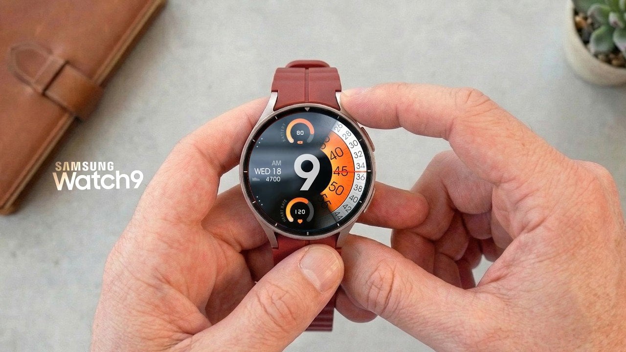 Close-up of a Samsung Galaxy Watch 9 concept showing a Snapdragon processor replacing the previous Exynos chip.