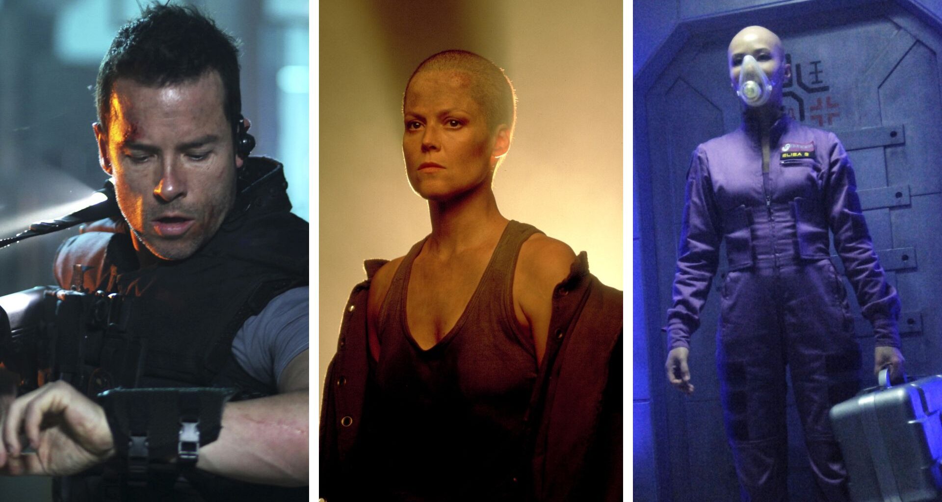 Split image showing three space prison movies: Lockout, Alien 3, and Dante 01
