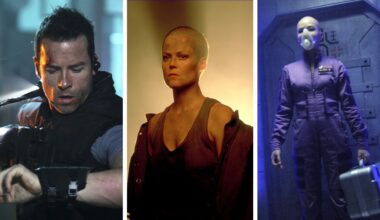 Split image showing three space prison movies: Lockout, Alien 3, and Dante 01