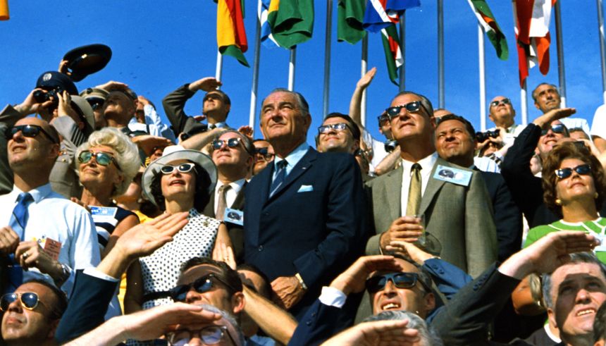 Spiro Agnew and Lyndon Johnson Watch the Apollo 11 Lift off, Florida, USA, 1969. Former President Lyndon B. Johnson and Vice President Spiro Agnew watch the liftoff of Apollo 11 at Kennedy Space Center on July 16, 1969.