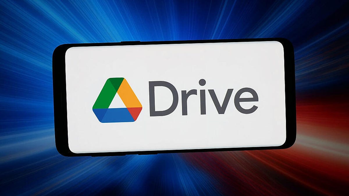 The Google Drive logo on a smartphone.