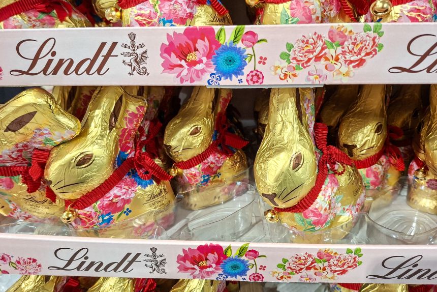 Lindt milk chocolate bunnies, Easter special edition, displayed on a shelf in a Carrefour Market supermarket in Paris, France, on March 27, 2026.