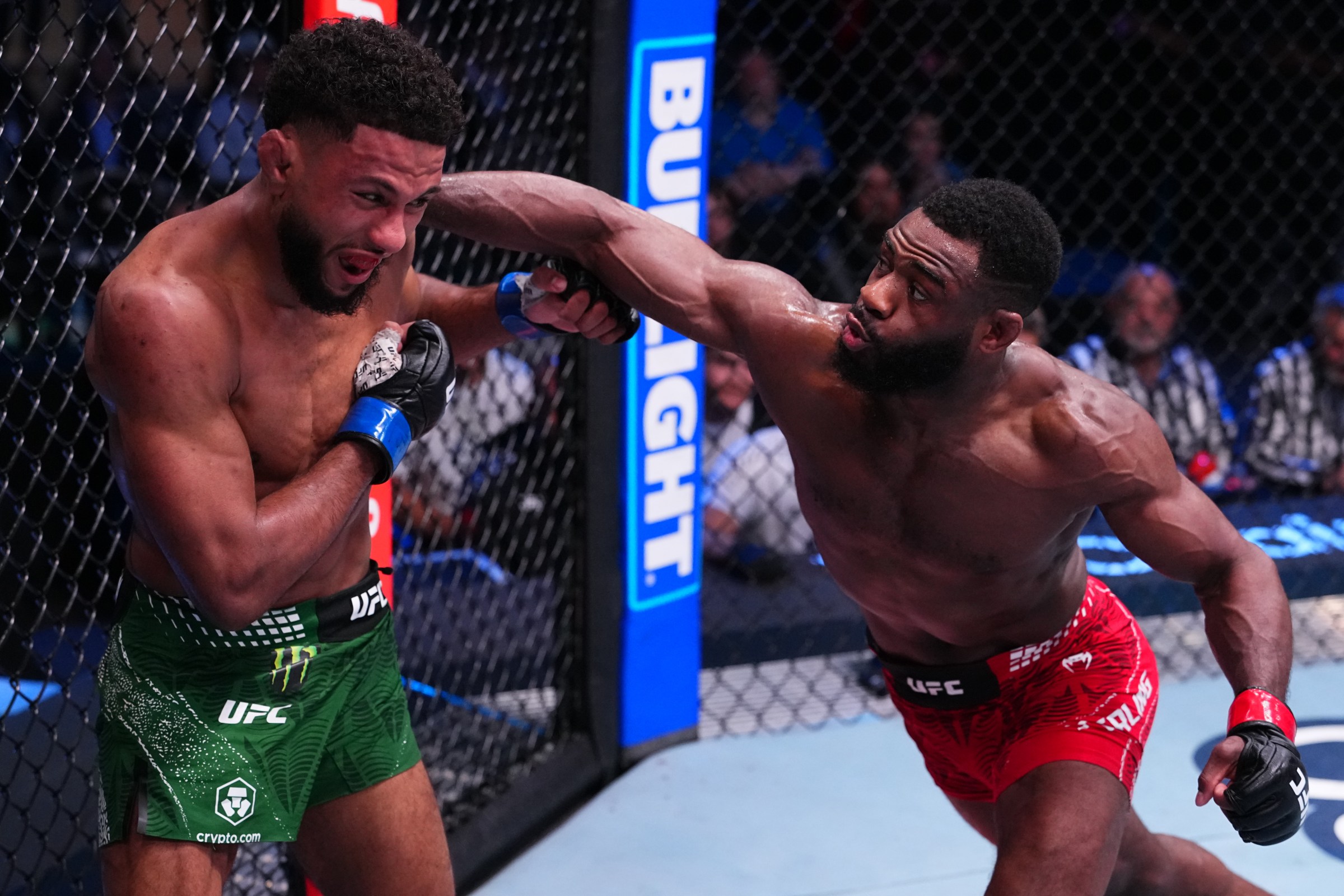LAS VEGAS, NEVADA - APRIL 25: (R-L) Aljamain Sterling punches Youssef Zalal of Morocco in a featherweight fight during the UFC Fight Night event at Meta APEX on April 25, 2026 in Las Vegas, Nevada. (Photo by Jeff Bottari/Zuffa LLC)