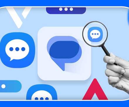 Monochrome hand holding magnifying glass over AP logo / Google Messages / Samsung Messages icons