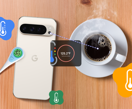 Google Pixel measuring the temperature of a cup of coffee, with a dashed line connecting the phone's sensor to the drink and displaying a 125.2°F reading in the center, surrounded by thermometer icons.