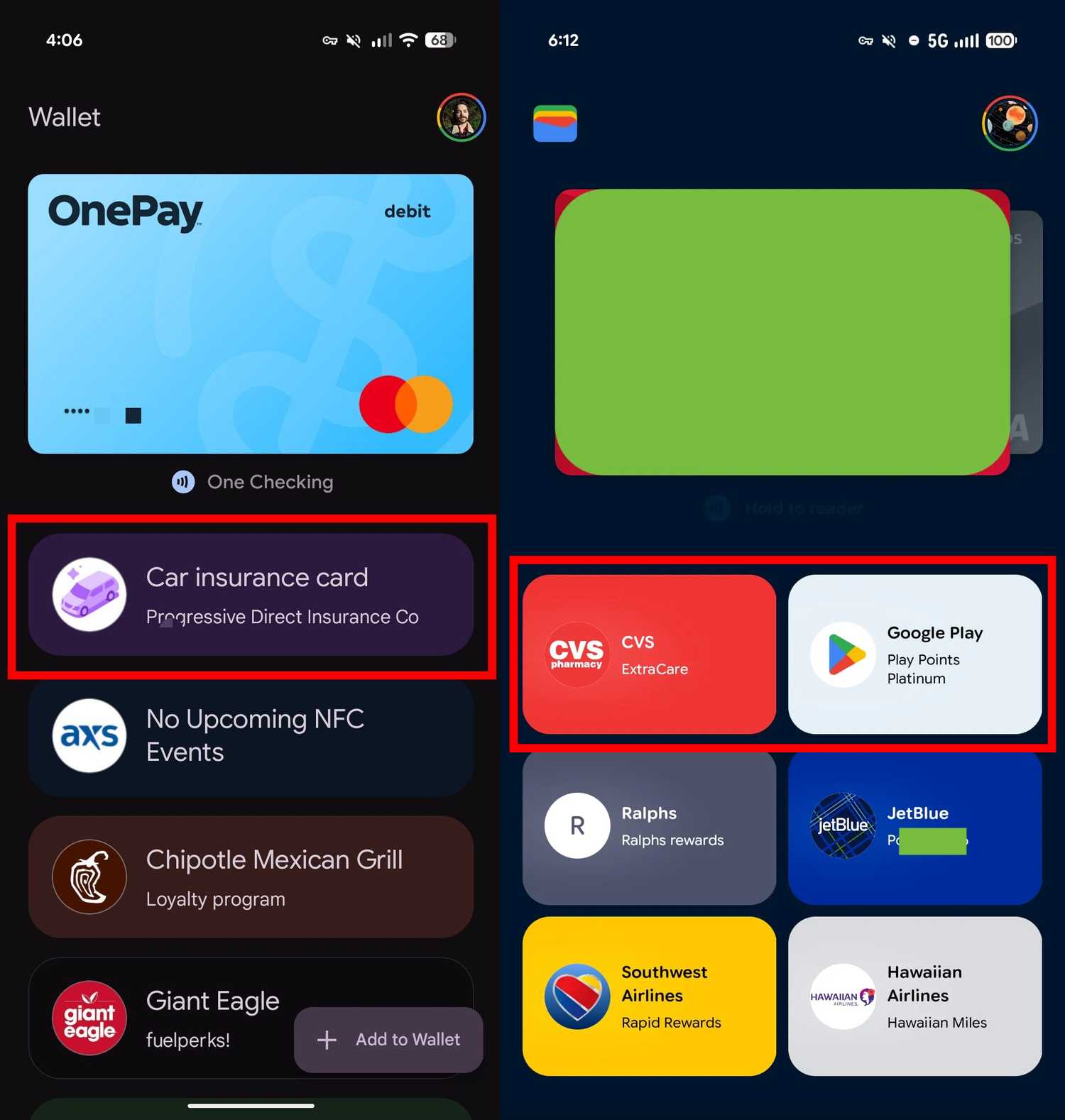 Scrleenshots highlighting Google Wallets old and new look.