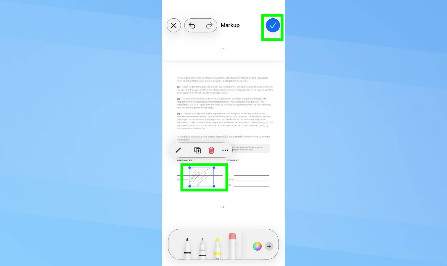 Signature highlighted on iPhone PDF
