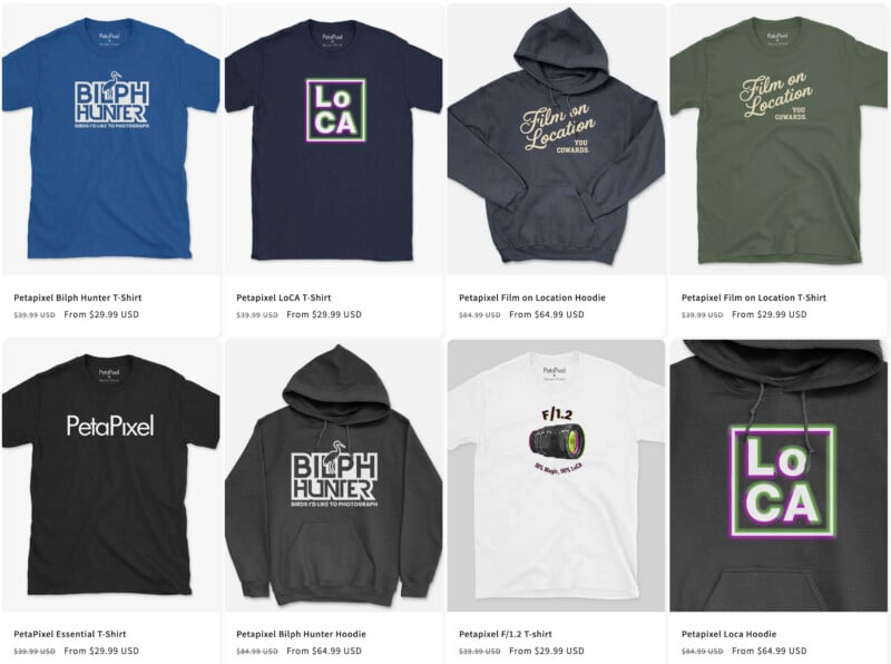 A selection of eight Petapixel shirts and hoodies are displayed in two rows; designs include “Bokeh Hunter,” “LoCA” in neon, “Film on Location,” “PetaPixel,” and a white shirt with an f/1.2 lens graphic.