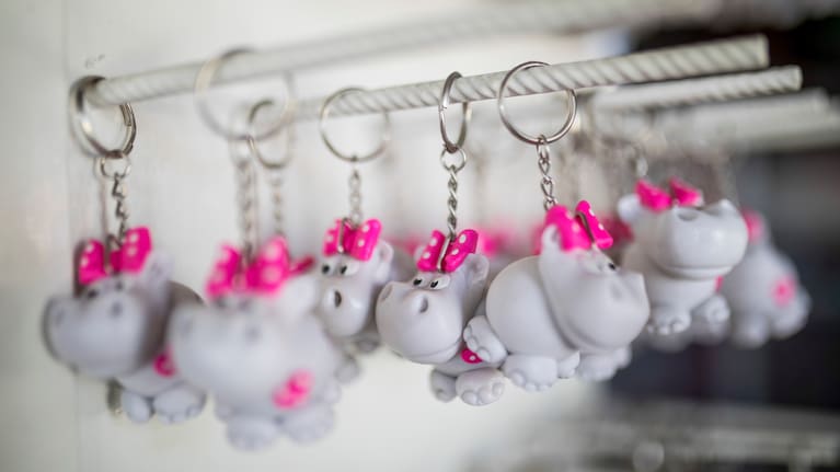 Hippo key rings are displayed for sale at a souvenir shop near the Hacienda Napoles Park in Puerto Triunfo, Colombia