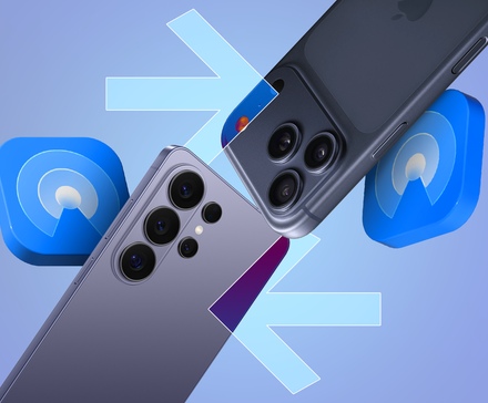 Illustration of an iPhone 17 and a Samsung Galaxy S26 with AirDrop icons and arrows on a blue background.