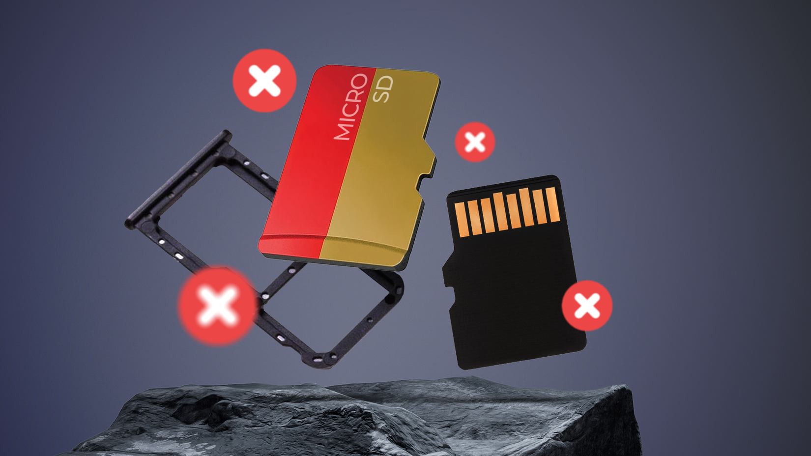 Illustration of microSD cards and a SIM tray with red X symbols over them.