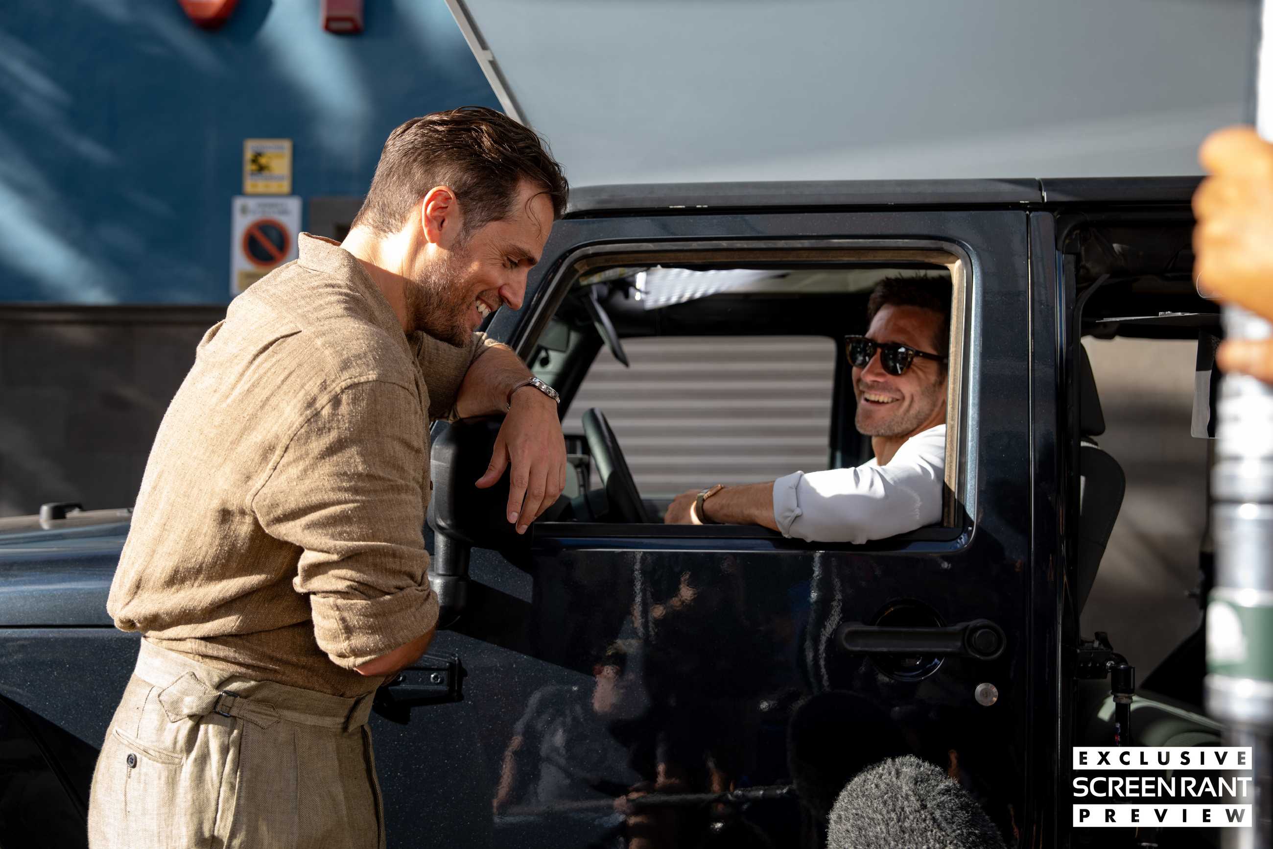 Henry Cavill and Jake Gyllenhaal laughing in In the Grey