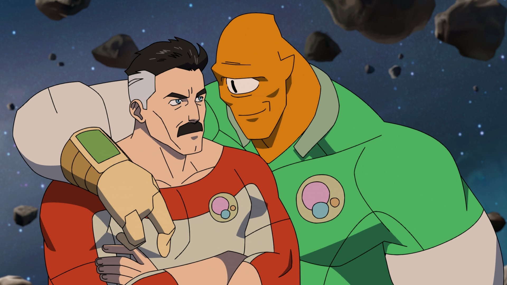 Invincible Season 4 still of Nolan and Alan hugging each other.