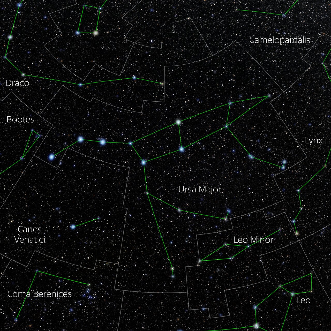 night sky map showing the location of ursa major in the night sky.