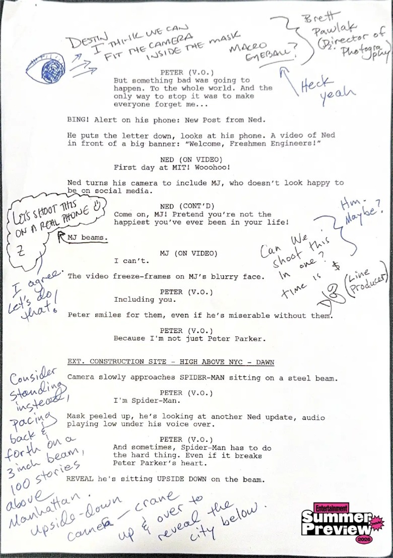 A script page filled with notes for Spider-Man: Brand New Day