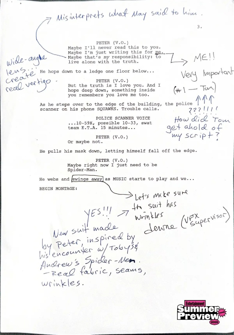 A script page filled with notes for Spider-Man: Brand New Day