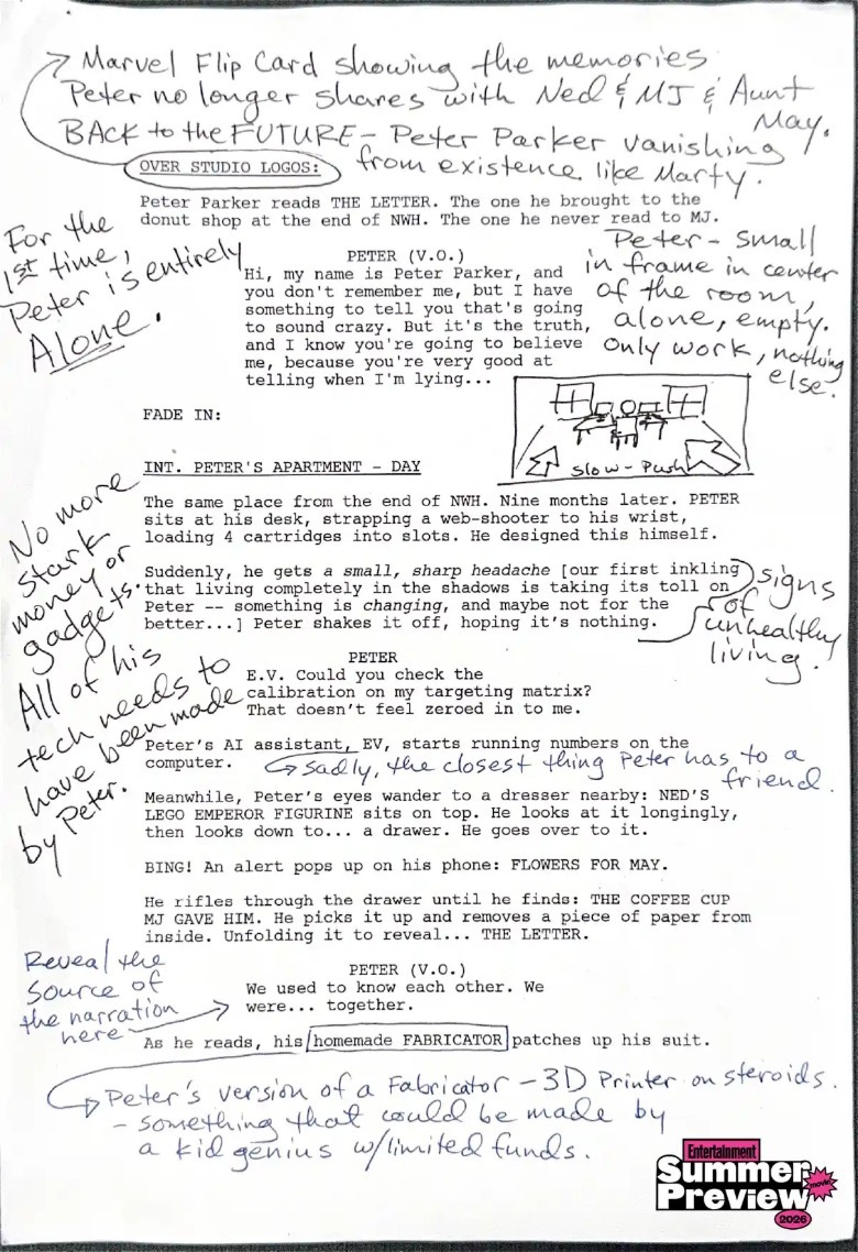 A script page filled with notes for Spider-Man: Brand New Day