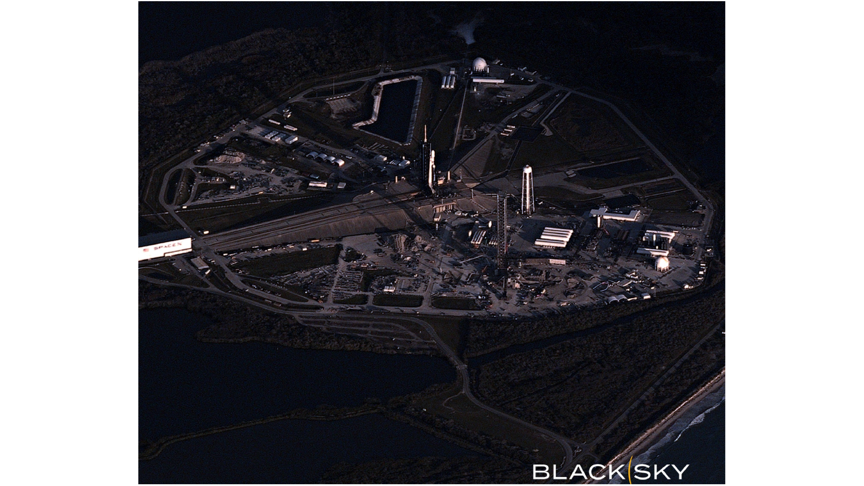 A BlackSky Gen-3 satellite captured this photo of SpaceX's Falcon Heavy rocket on the pad at Kennedy Space Center on April 29, 2026.