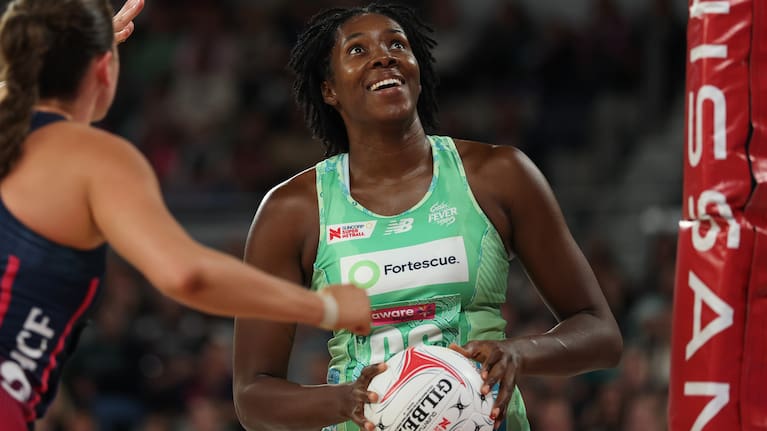 Jhaniele Fowler-Nembhard of the Fever shoots during the round three Super Netball match between Melbourne Vixens and West Coast Fever at John Cain Arena, on April 27, 2025, in Melbourne, Australia.