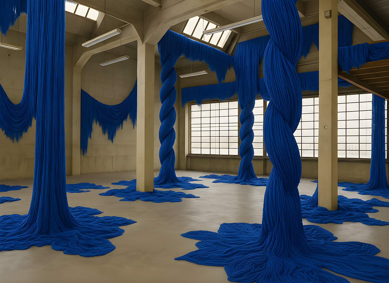 A cement-clad warehouse's interior decorated with trailing, blue, woven wool structures taking over its pillars.