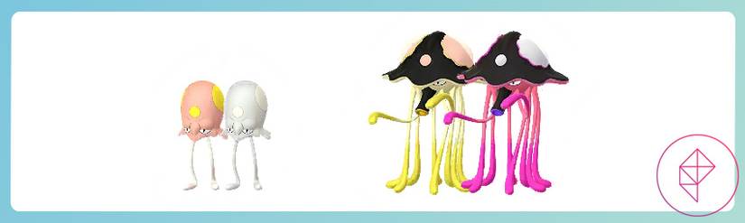 Shiny Toedscool and Toedscruel with their regular forms in Pokémon Go.