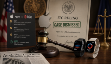 From Phonegram: A scene in a courtroom with a gavel, the Apple logo, legal documents, smartwatches, and a timeline card summarizing Apple