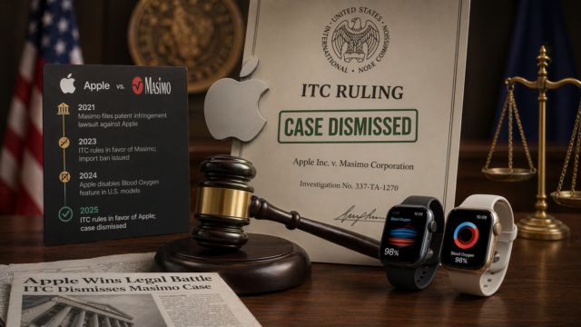 From Phonegram: A scene in a courtroom with a gavel, the Apple logo, legal documents, smartwatches, and a timeline card summarizing Apple