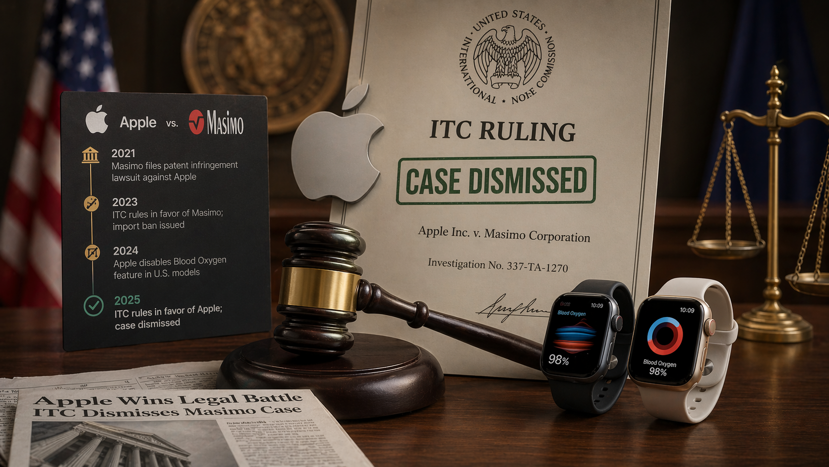From Phonegram: A scene in a courtroom with a gavel, the Apple logo, legal documents, smartwatches, and a timeline card summarizing Apple's victory in the patent case against Masimo, with headlines saying 'Case Dismissed.'