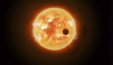 An artist's concept of the LHS 1903 planetary system showing a red dwarf star orbited by four planets in an unusual, non-sequential order of rocky and gaseous worlds.