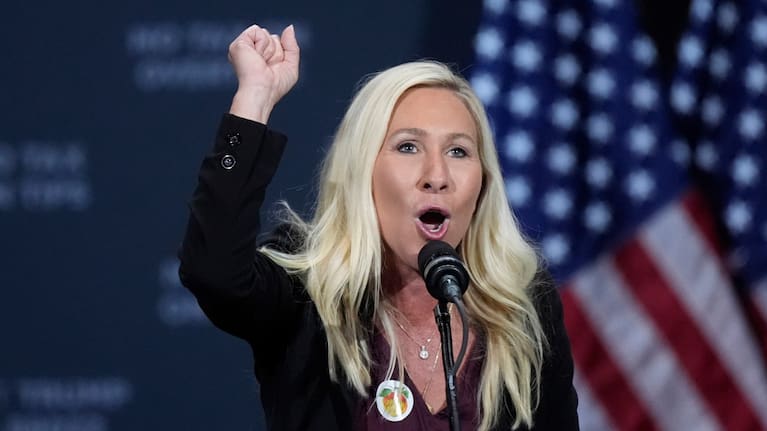 Marjorie Taylor Greene speaks before Republican presidential nominee former President Donald Trump at a campaign event in 2024. 