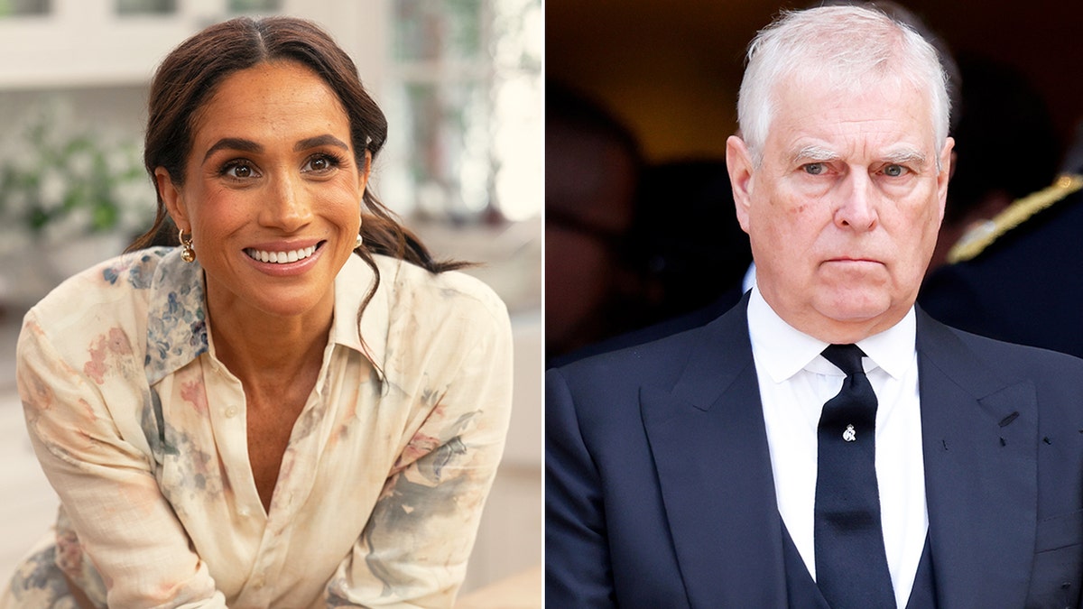 Meghan Markle smiling in a light floral dress and ex-Prince Andrew looking upset in a dark blue suit side by side