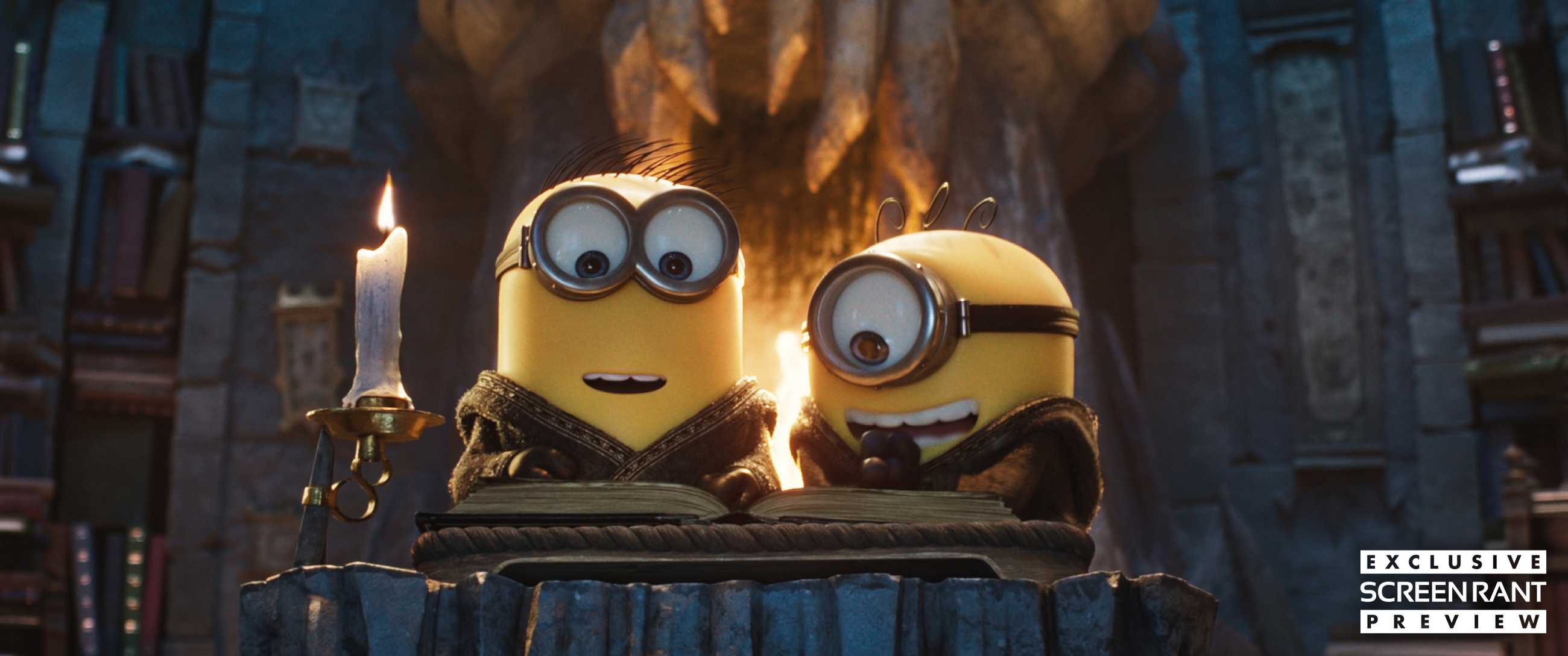 Two Minions at an alter excitedly read an ancient tome in Minions & Monsters