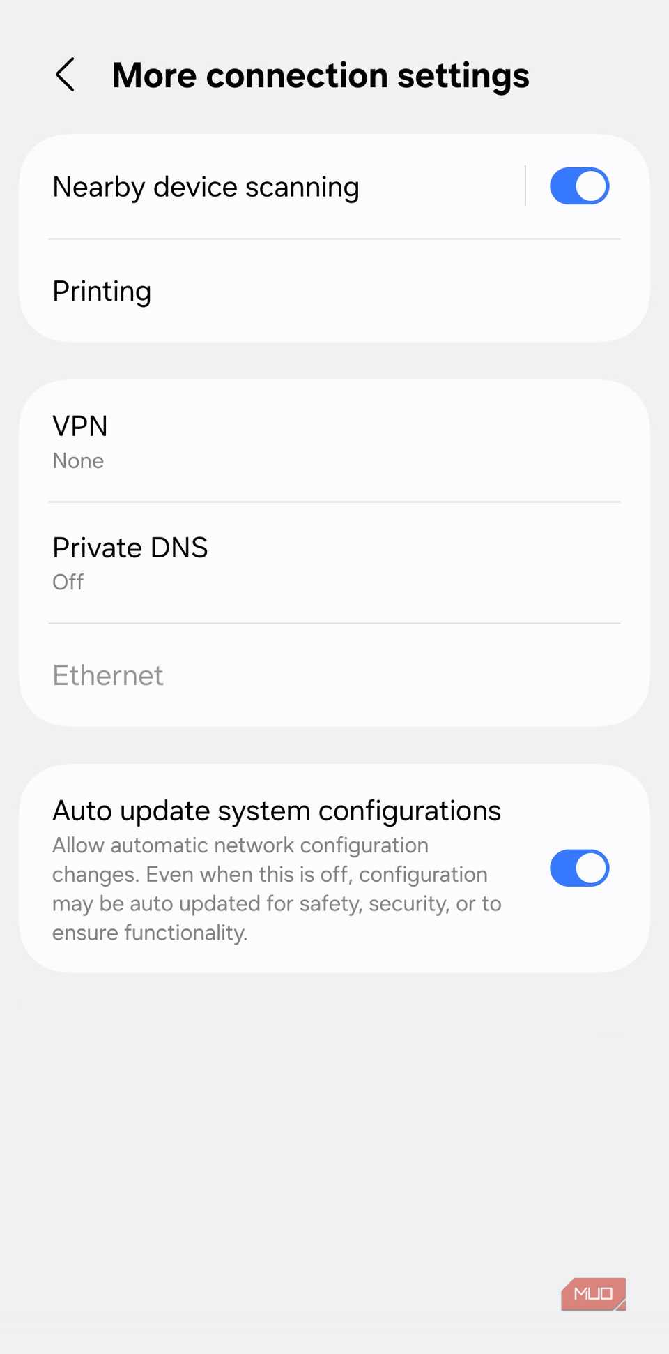 More connection settings menu on Android