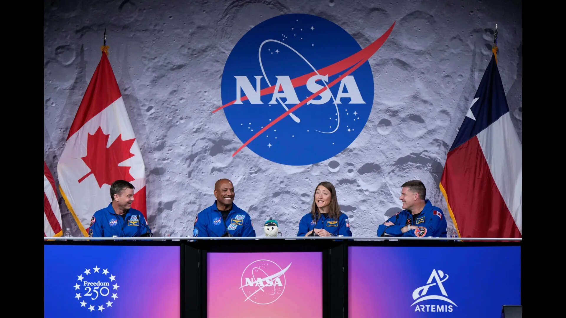 Wiseman isn’t the first astronaut either who has grappled with the question of God, after seeing the Earth from Space. (In pic. from left to right: Reid Wiseman, Victor Glover, Christina Koch, and Jeremy Hansen at a press conference on Thursday, April 16, 2026, in Houston). AP/PTI(AP04_17_2026_000003A) NASA Artemis Moonshot
