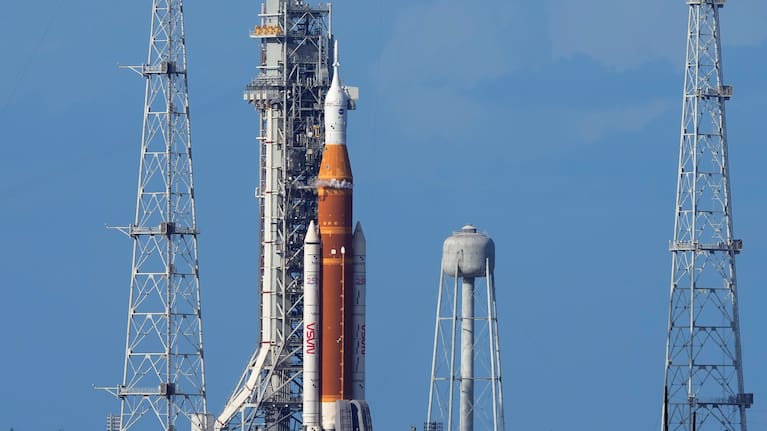 NASA's Artemis II moon rocket sits on the launch pad at Kennedy Space Center as the countdown clock continues to run. 