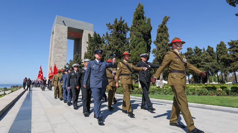 New Zealand soldiers march during the international service in recognition of the Gallipoli campaign.