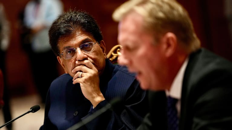 New Zealand Trade Minister Todd McClay and Indian Commerce Minister Piyush Goyal during the India New Zealand Free Trade Agreement signing ceremony.
